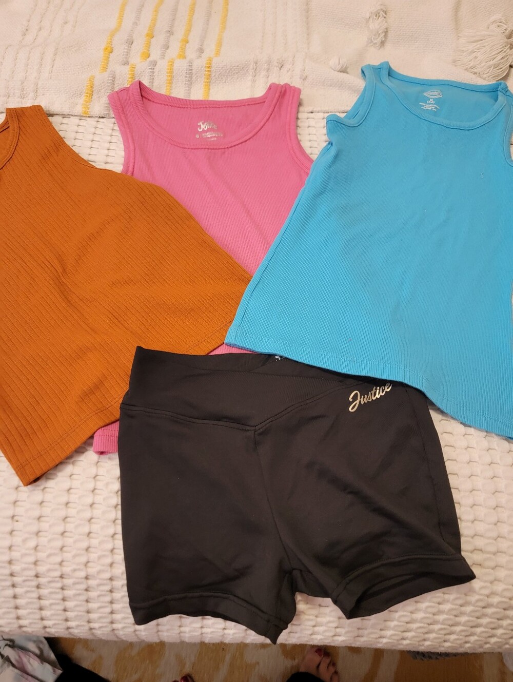 Justice Black Shorts with Rust Orange, Pink & Turquoise Ribbed Tanks